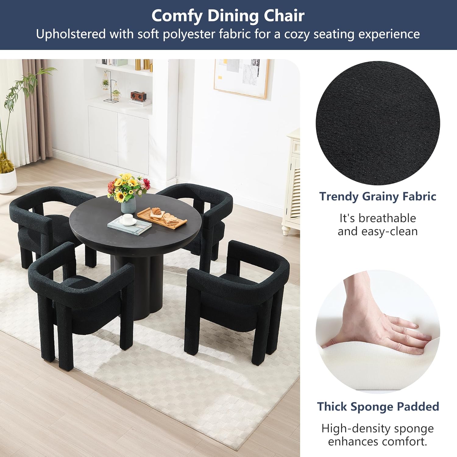 Boucle Barrel Side Chairs Set of 4, Modern Designed Upholstered Compy Sherpa Teddy Fabric Accent Kitchen/Dining Chair, Kitchen Armchair for Living Room office Dining Room Bedroom (Black, Set of 4)