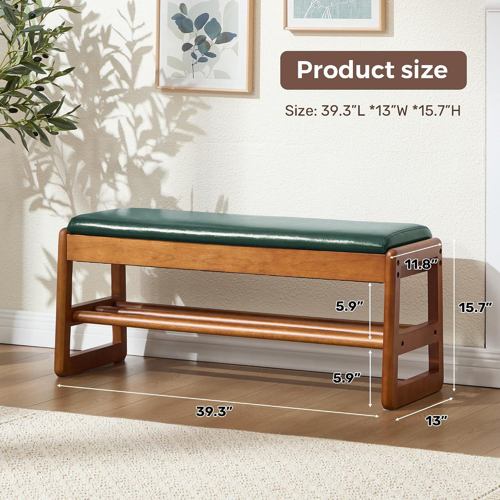 39.3" Shoe Rack Bench,2 Tiers Shoe Bench with Storage,Walnut Storage Bench with Faux Leather Cushion for Entrance Entryway Hallway Walnut PU Green