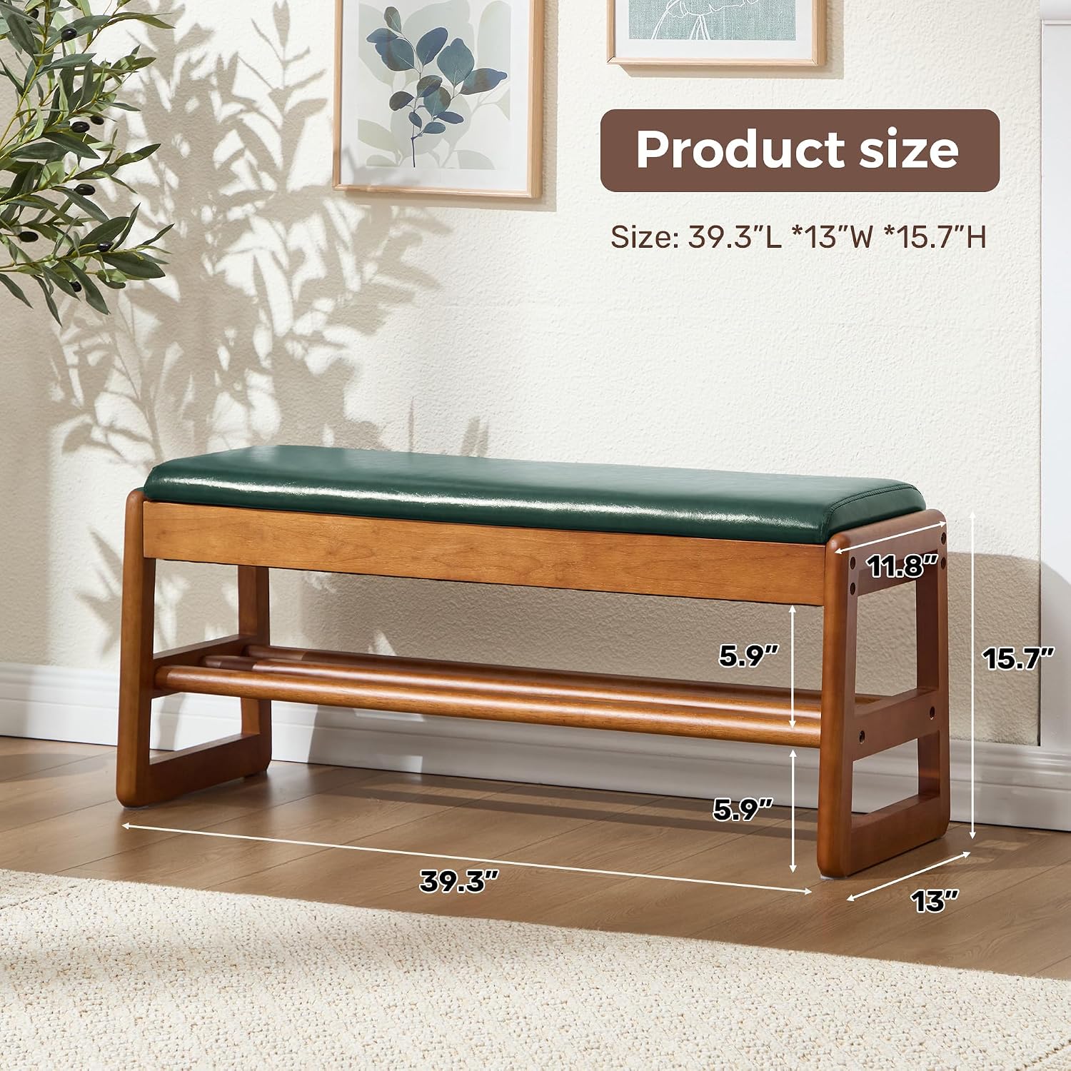 39.3" Shoe Rack Bench,2 Tiers Shoe Bench with Storage,Walnut Storage Bench with Faux Leather Cushion for Entrance Entryway Hallway Walnut PU Green