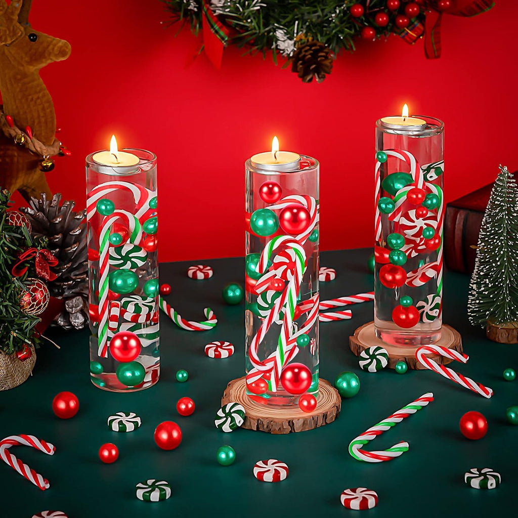 120 Pcs Christmas Vase Filler, Floating Green Red Fake Candy Cane Beads Pearls for Vases for Table Decorations Centerpieces