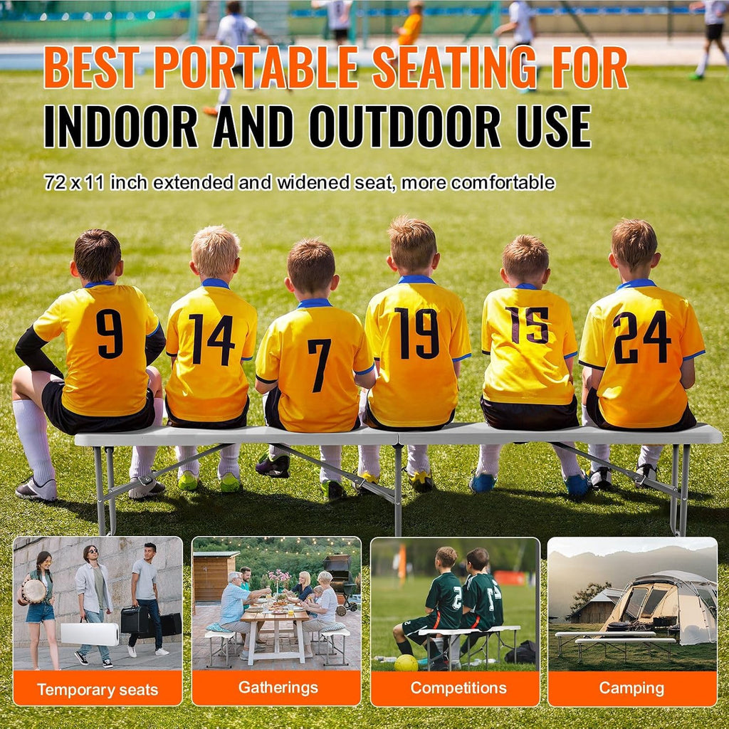 2-Pack 6FT 4cm Thick HDPE Folding Benches for Indoor/Outdoor, Picnic, Party, Camping Events, Smooth White