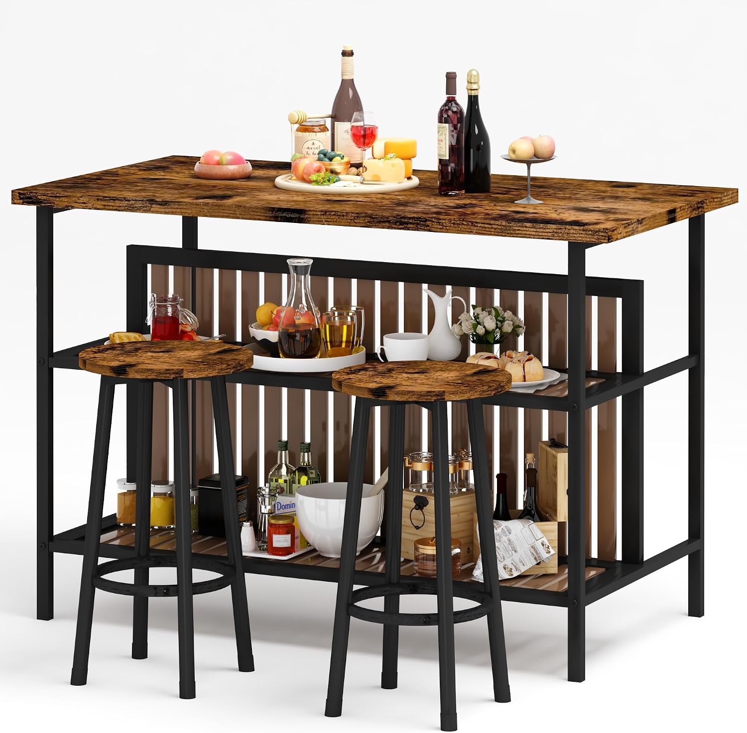 DKLGG Kitchen Island with Seating & Storage, Farmhouse Dining Table Set for 2, Space-Saving 3 Piece Dining Set Table & Chairs Island Table for Kitchen, Apartment, Dining Room, Rustic Brown