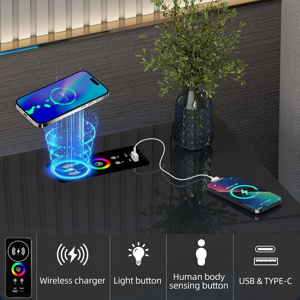 Lvifur Smart Nightstand with RGB Lights & Wireless Charging Station - Black | Motion Sensor, Dynamic & Static Lights, Adjustable Brightness, USB & Type-C Charging, Drawers with Metal Rail, 3 Compartments