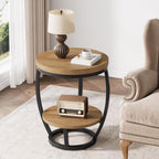 Round End Table Set of 2, 2 Tier Industrial Side Table, Nightstand with Metal Frame, Accent Bedside Table with Storage Shelves for Living Room, Bedroom, Small Spaces, Light Brown & Black
