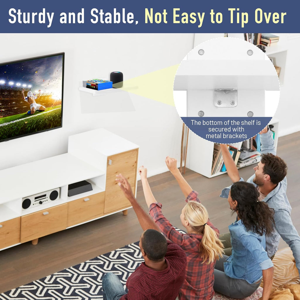 Floating Projector Wall Mount TV Shelf,Wooden Wall Mounted Under TV Floating Shelf for Projector, PS5, DVD Player,Game Console, Cable Box,1Tier（White）