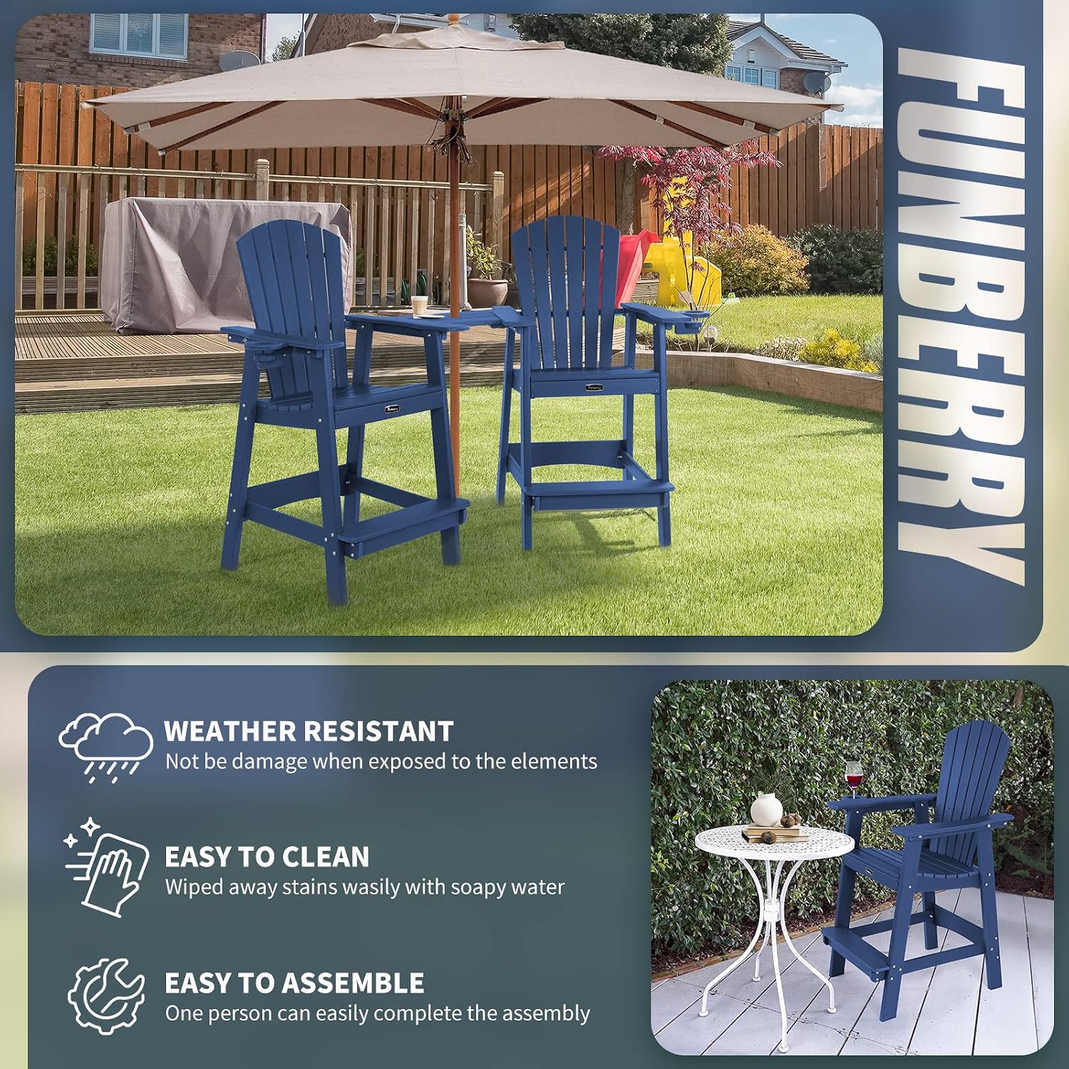 FUNBERRY Tall Adirondack Chairs Set of 2 with Removable Connecting Table, All Weather High Top Balcony Chair with Cup Holders