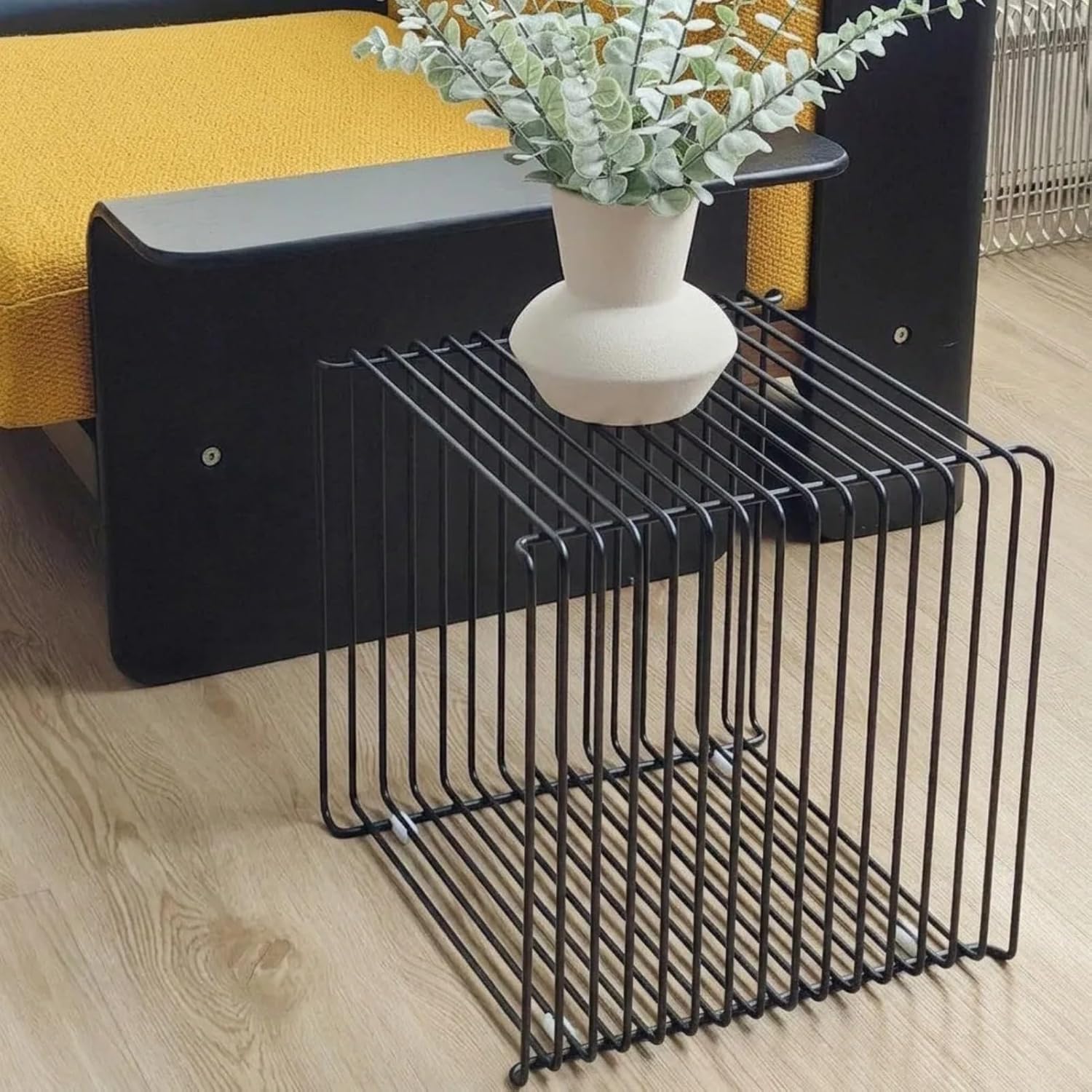 Accent Table Stainless Steel Retro Square Metal Side End Table with Wire Cube Storage, Multi-Purpose Book Stackable, Suitable as Coffee Table for Home & Office (Black,14x14x14 Inch)