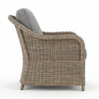 Martha Stewart Lily Pond Indoor-Outdoor Weathered Gray Rattan Wicker Patio Club Chair with All-Weather Gray Back and Seat Cushions, 300 Lb. Static Weight Capacity