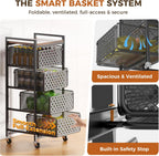 5 Tier Kitchen Storage Cart with Wheels, Utility Fruit Vegetable Storage Rack Stand with Pull-Out Baskets & Wood Top, Metal 4-Drawers Rolling Snack Cart, Kitchen Cart for Potato Onion(Black)