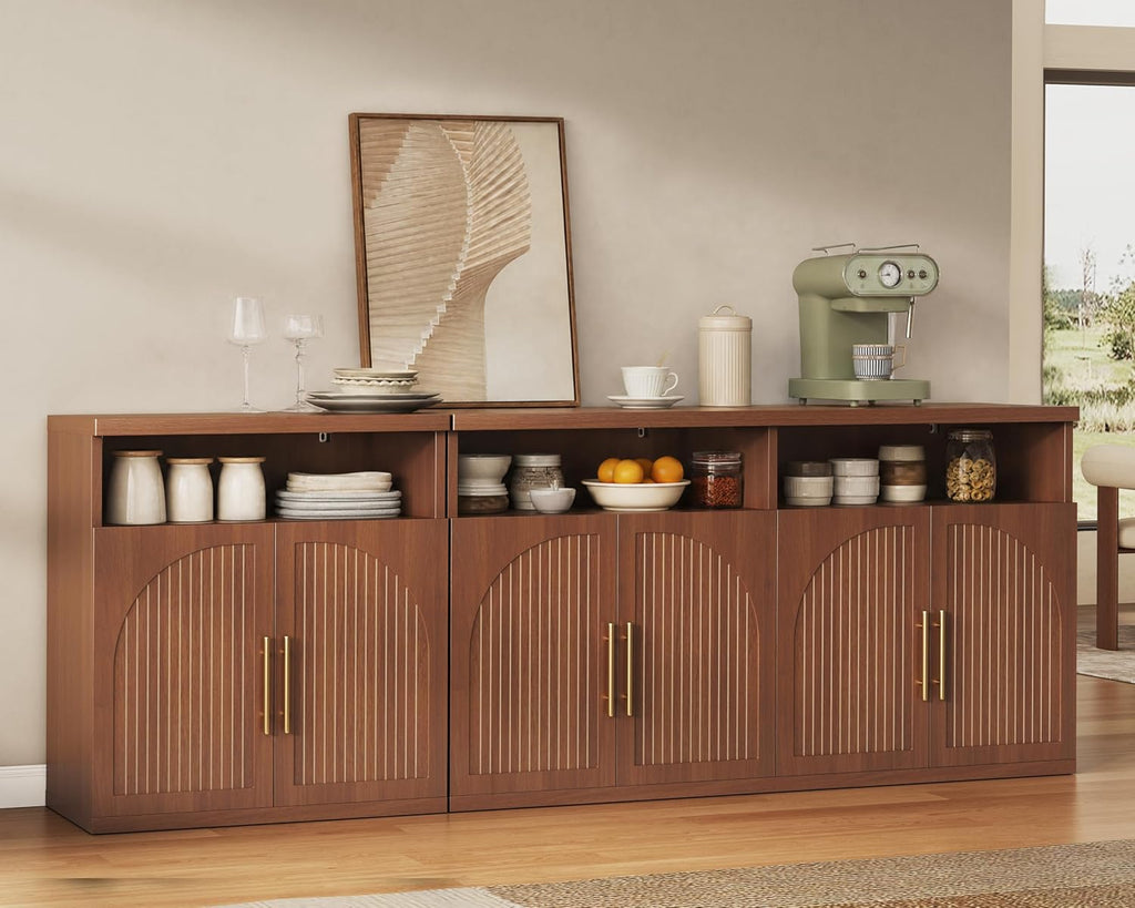 Fluted Buffet Cabinet with Storage, 63" Wide Wood Sideboard Credenza with 4 Doors & Open Storage Shelf, Modern Kitchen Entryway Accent Table for Dining Room Living Room, Kitchen, Hallway, Walnut