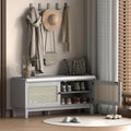 LUMISOL 2-Tier Storage Bench, Rattan Entryway Bench with Storage, Cushioned Shoe Bench with Double Doors for Entryway, Hallway, Grey+Beige