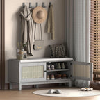 LUMISOL 2-Tier Storage Bench, Rattan Entryway Bench with Storage, Cushioned Shoe Bench with Double Doors for Entryway, Hallway, Grey+Beige