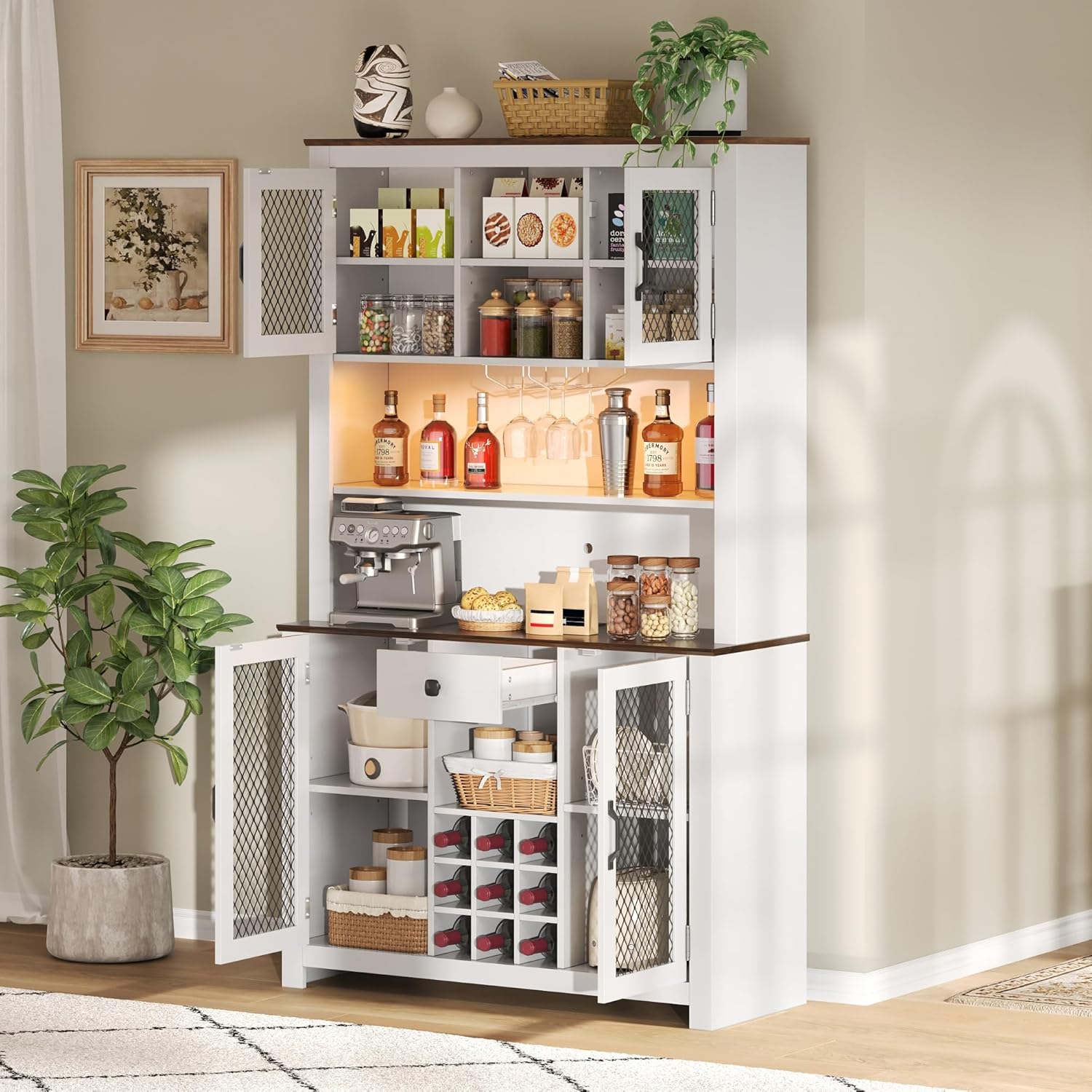SOFTSEA Kitchen Pantry Cabinet with Built-in Power & USB Outlets, Kitchen Storage Cupboard with Doors, Wine Rack and Shelves, Rustic Buffet Cabinet with LED Light, 47.1x11.8x70.9 Inch, White