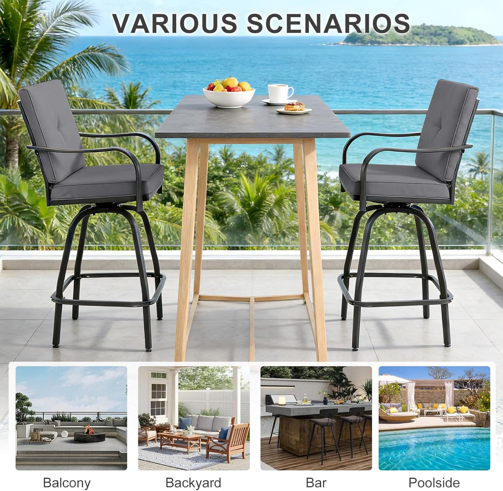 Outdoor Swivel Bar Stools Set of 4, Patio Bar Height Swivel Stools with Cushions for Garden Balcony Backyard, Grey