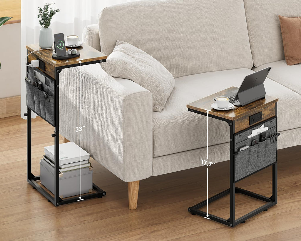 Vagusicc C-Shaped End Table with Charging Station, Small Side Table for Couch, 33" Tall C Table Adjustable Height Side Table, Couch Tables that Slide Under, Sofa Table TV Tray for Living Room, Brown