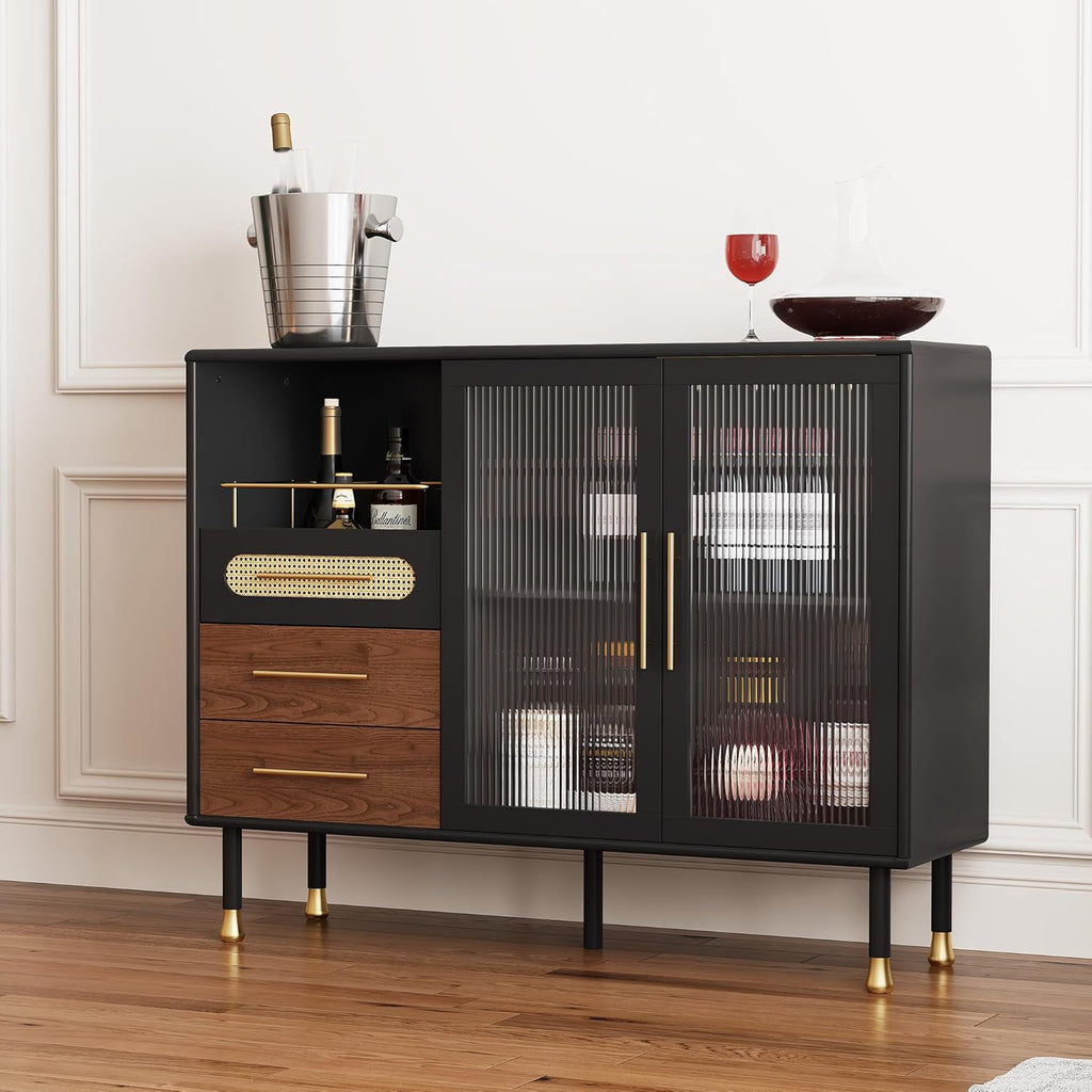 ARTPOWER 48" Coffee Bar Cabinet with Wine Racks and Drawers, Modern Buffet Sideboard with Pull-Out Wine Storage, Liquor Bar Cart for Kitchen, Dining Room, Living Room (Black)