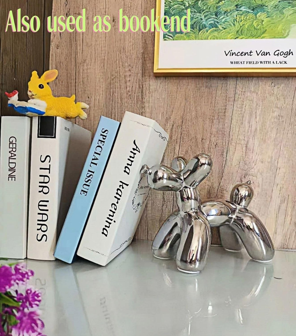 Creative Balloon Dog Wine Bottle Holder Doubles as Standalone Statue Decor and Bookend for Dog Lovers,Modern Decoration for Kitchen,Living Room,and Bar,Ceramic,Metallic Chrome Silver