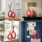 Red Ceramic Hollow Elliptical Vase Set of 2 - Boho Circle Vase with Hole, for Modern Red Table Decor, Living Room Decor Shelf mid Century Modern Home Entrance Decorative vase