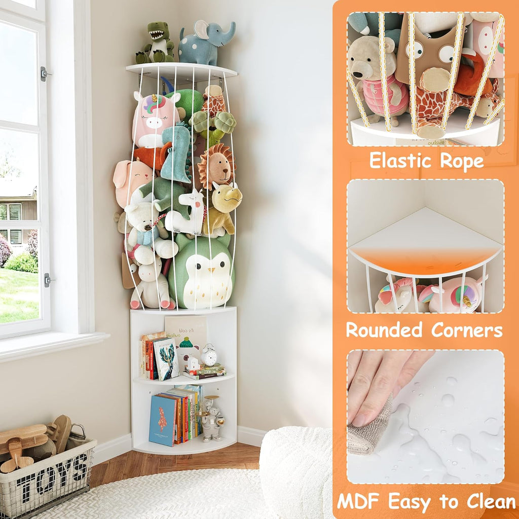 74.7" H Stuffed Animal Storage with 2-Tier Corner Bookshelf - Wall Mount Height Adjustable Plush Toy Organizer, Wooden Kids Bookshelf for Small Spaces Nursery Playroom Kids Room, White