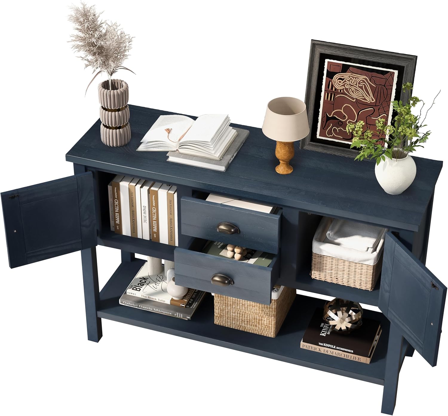 LKTART Farmhouse Sideboard Buffet Cabinet,Solid Wood Sideboard with Storage Drawers and Bottom Shelf, Buffet Cabinet Coffee Bar for Entryway Hallway Foyer,Easy Assembled (46.5" Navy Blue)
