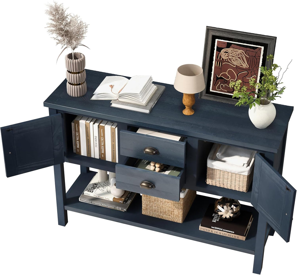 LKTART Solid Wood Farmhouse Console Table,Sofa Table with Storage Drawers and Shelves,Entryway Table for Entry Hallway Foyer Sofa Side Table,EasyAssembled (48" Navy Blue)