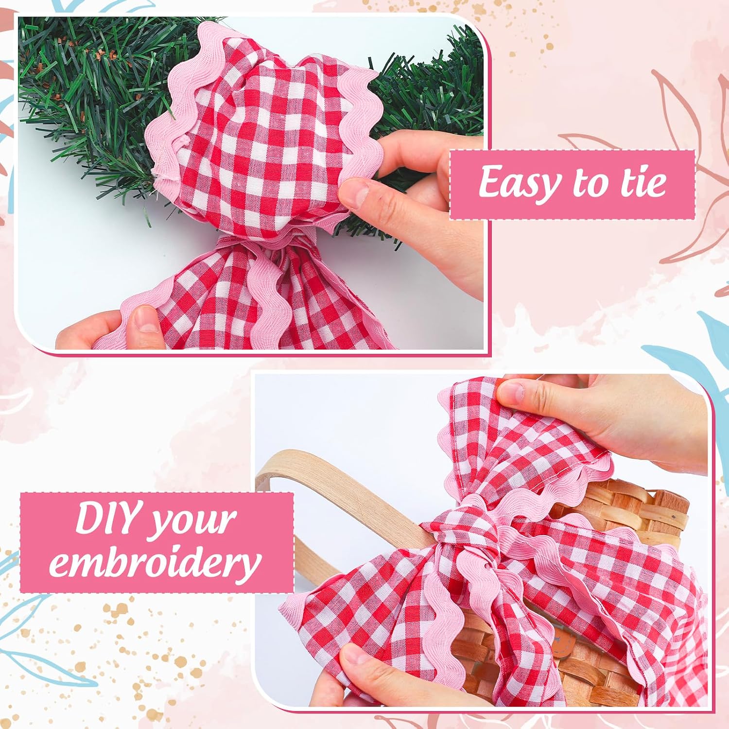 Whaline 2Pcs Wreath Sash for Front Door White Red Plaid Garland Ribbon for Holiday Wedding Birthday Party Home Decor Indoor Outdoor