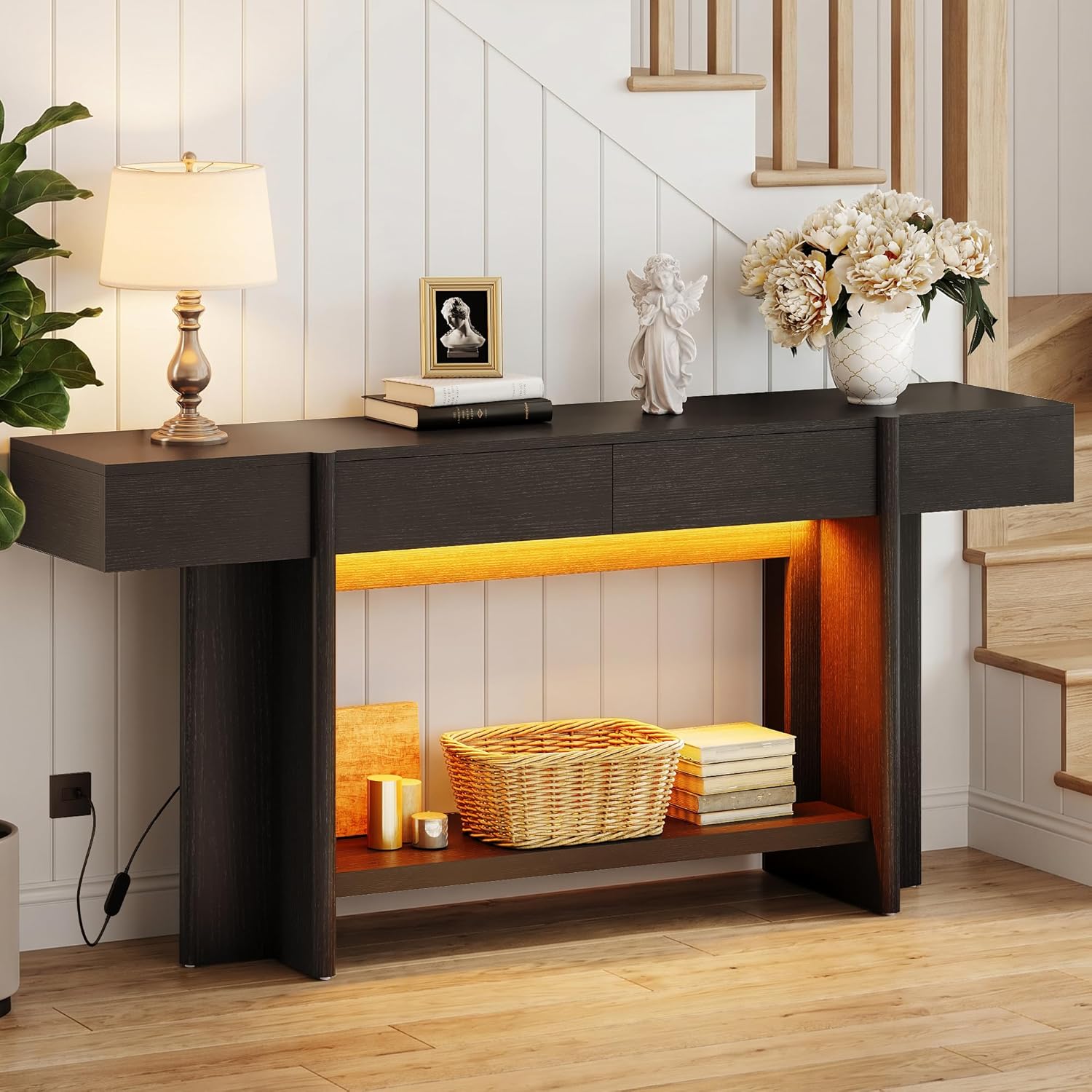 iPormis 70.8" Long Console Table with 2 Drawers and Open Storage, Modern Entryway Table with Colorful LED Lights, Narrow Sofa Table for Living Room, Hallway, Entrance, Behind Couch, Black
