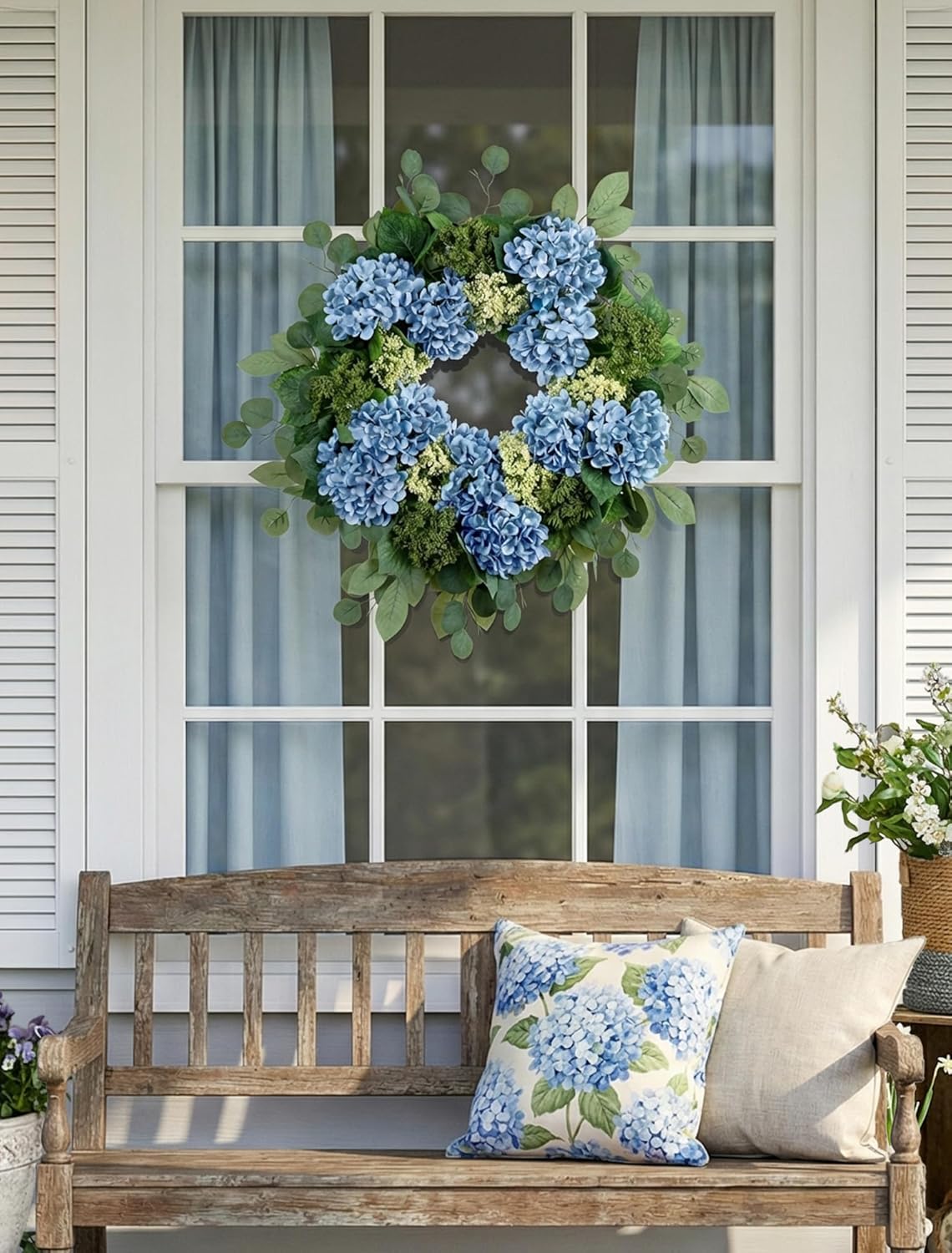 BLOSMON Hydrangea Wreaths for Front Door: 26 Inch Summer Spring Wreath Decorations for Home Outdoor Indoor - Dusty Blue Flower Wreath with Hanger for Outside All Season Wall Window Decor