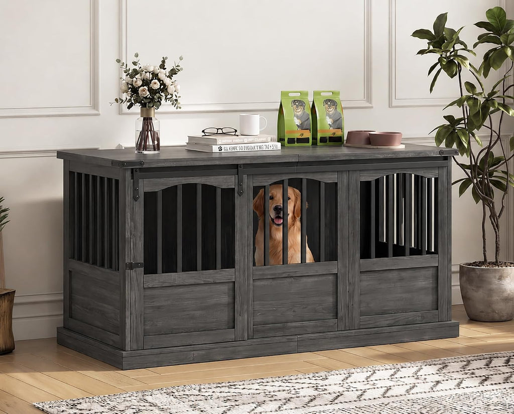 Homiflex 53 Inch Wooden Dog Crate Furniture Heavy Duty Dog Kennel Furniture with Sliding Doors for Large Breed Decorative Solid Wood Dog Cage End Table for Indoor, Grey
