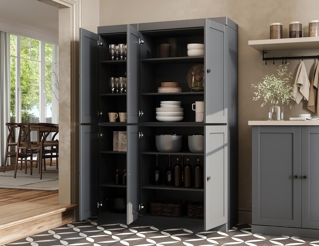 Palace Imports Solid Wood Kitchen Pantry Cabinet 71.5" Tall, 48.5" Wide – Wooden Storage Cabinet w/ 6 Shaker Doors & 8 Adjustable Shelves – Gray, 100% Renewable Eco-Friendly Wood, Made in Brazil