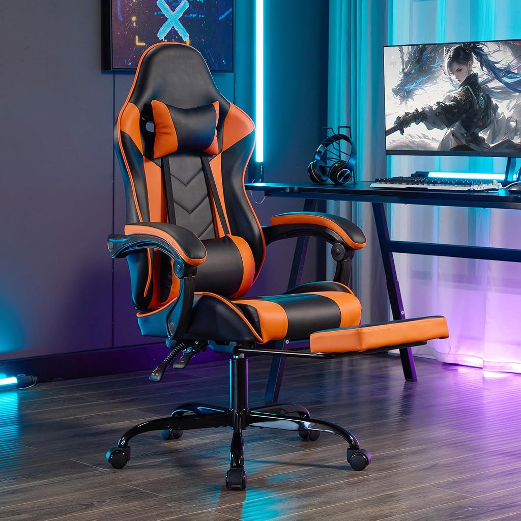 Leather Ergonomic Gaming Chair with Footrest, Comfy Orange Gaming Chair with Comfortable Headrest & Lumbar Support for Adults Women Men Boys Kids, 300 LBS Capacity (Black+Orange)