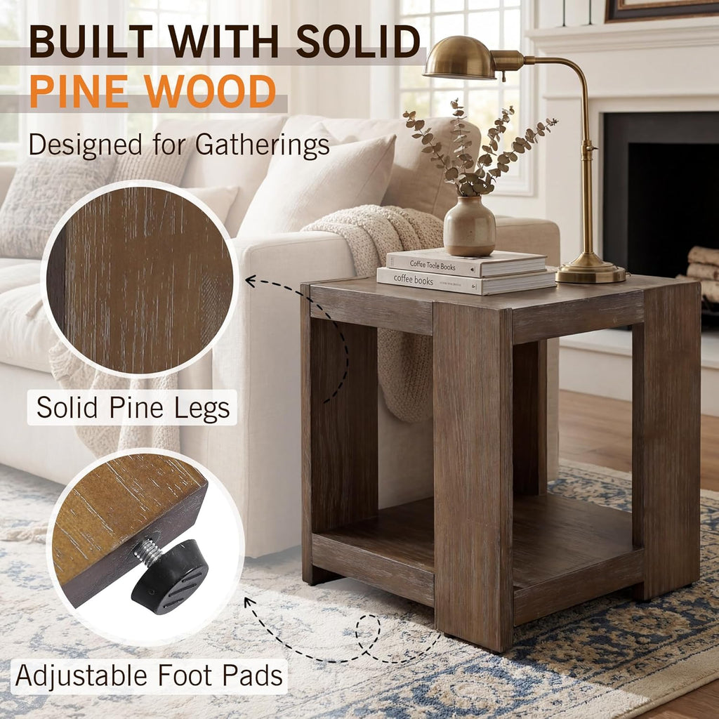 2-Tier Side Table for Living Room Set of 2, Rectangular End Table with Open Storage, Farmhouse Accent Bedside Table for Bedroom, Brown