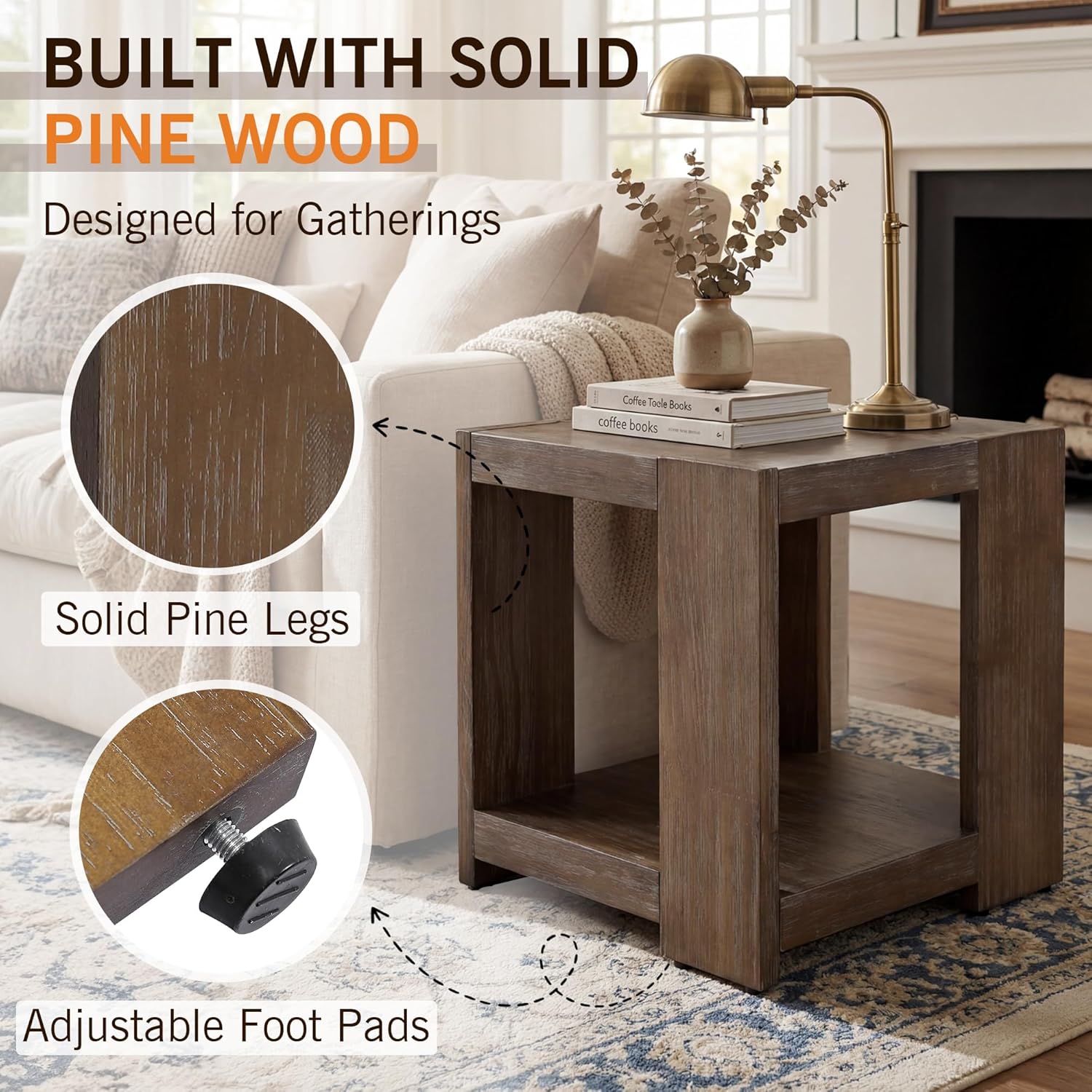 2-Tier Side Table for Living Room Set of 2, Rectangular End Table with Open Storage, Farmhouse Accent Bedside Table for Bedroom, Brown