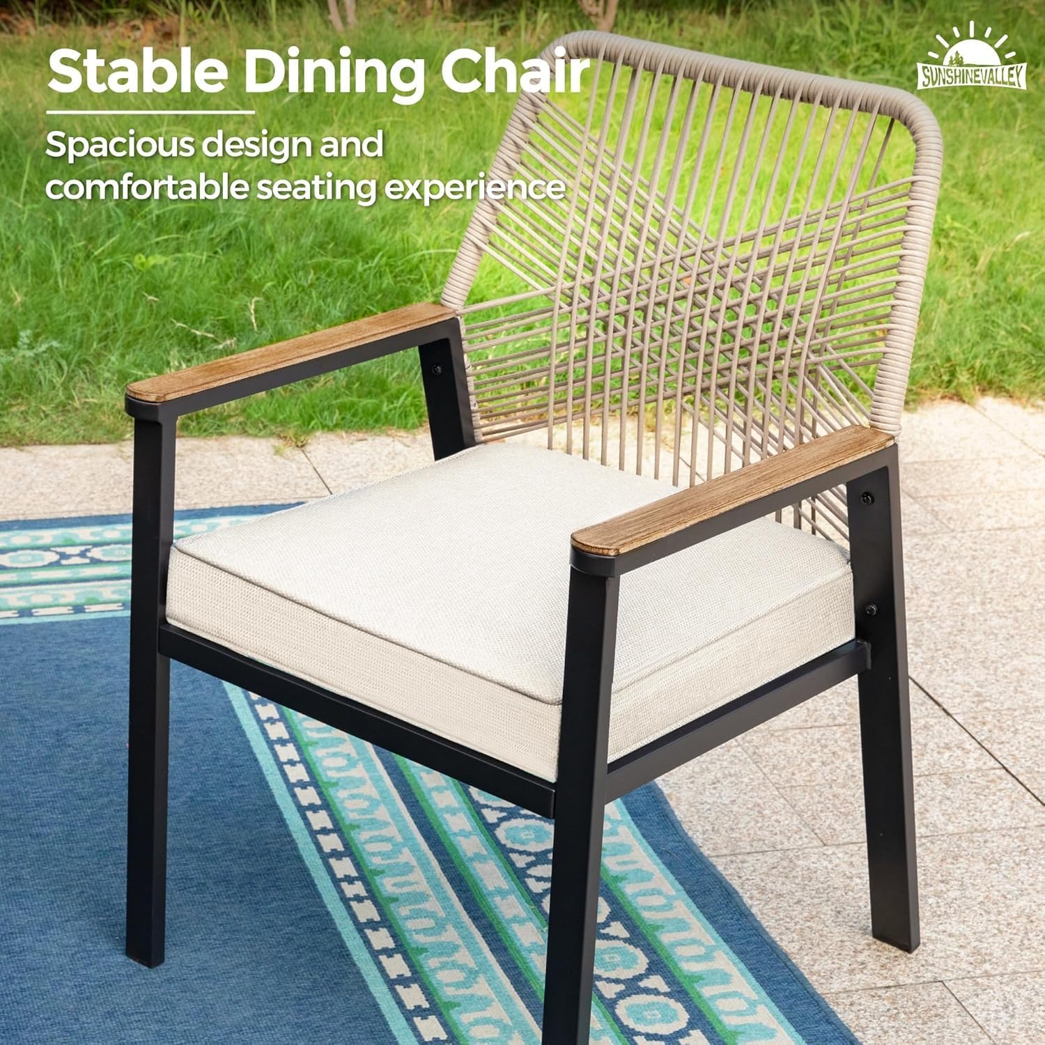 SUNSHINE VALLEY Patio Dining Chairs Set of 8, Heavy-Duty Woven Rope Outdoor Chairs with Waterproof Cushion and Wrought Iron Frame, All-Weather Outside Seating for Kitchen Garden Deck Backyard