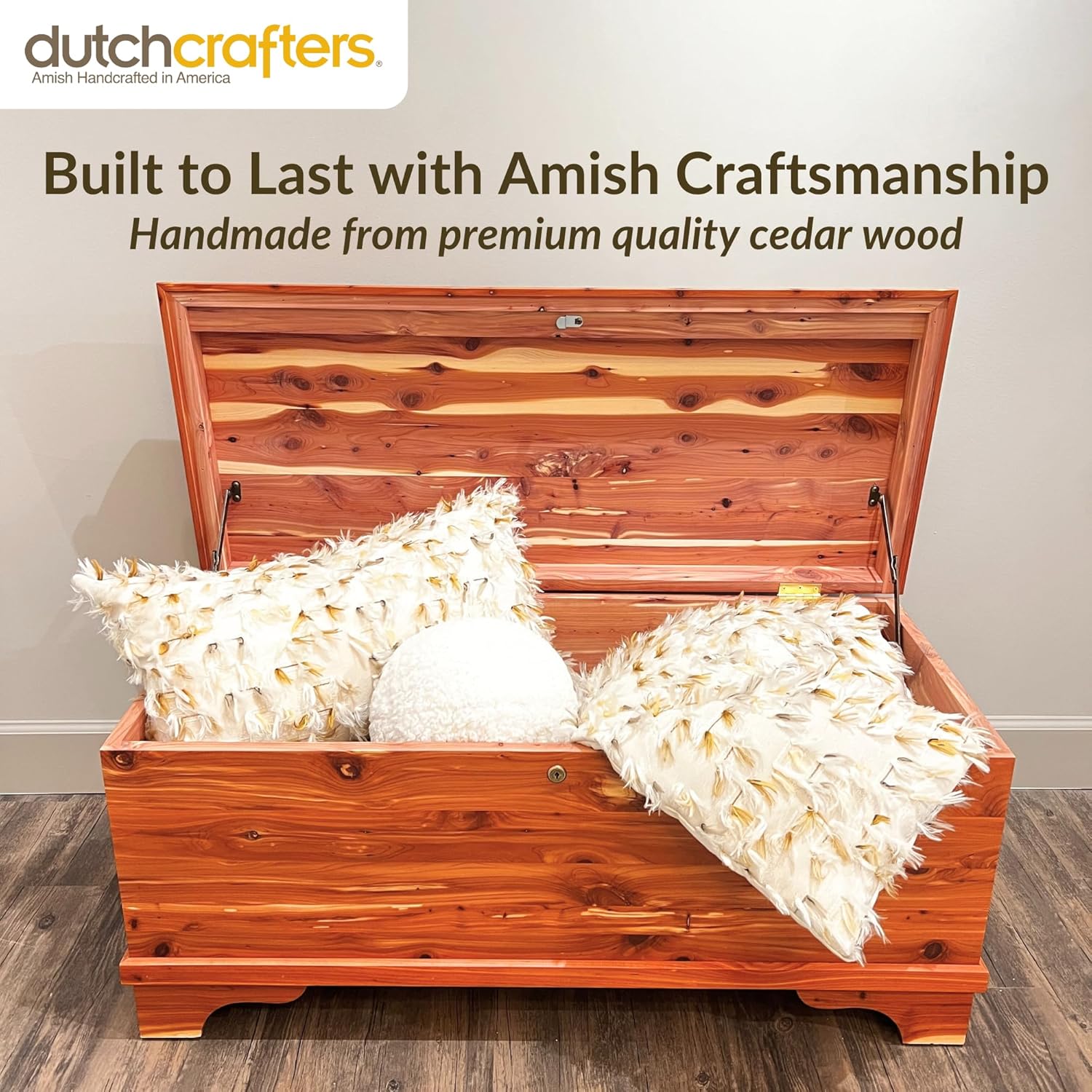 DutchCrafters Red Cedar Wood Blanket Storage for Living Room, Fully Lined Hope Chest, Bedroom Bench, Lockable Storage Box, Locking Chest with Handles and Waterfall Edge - Amish Made in USA (45" Large)