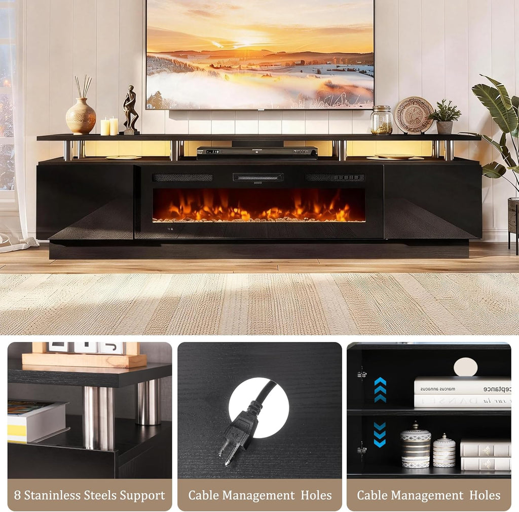 oneinmil 90'' Fireplace TV Stand with 50” Electric Fireplace, 2 Tier TV Console Stand for TVs Up to 100", LED Light Entertainment Center, Fireplace for The Living Room TV Stand, Black