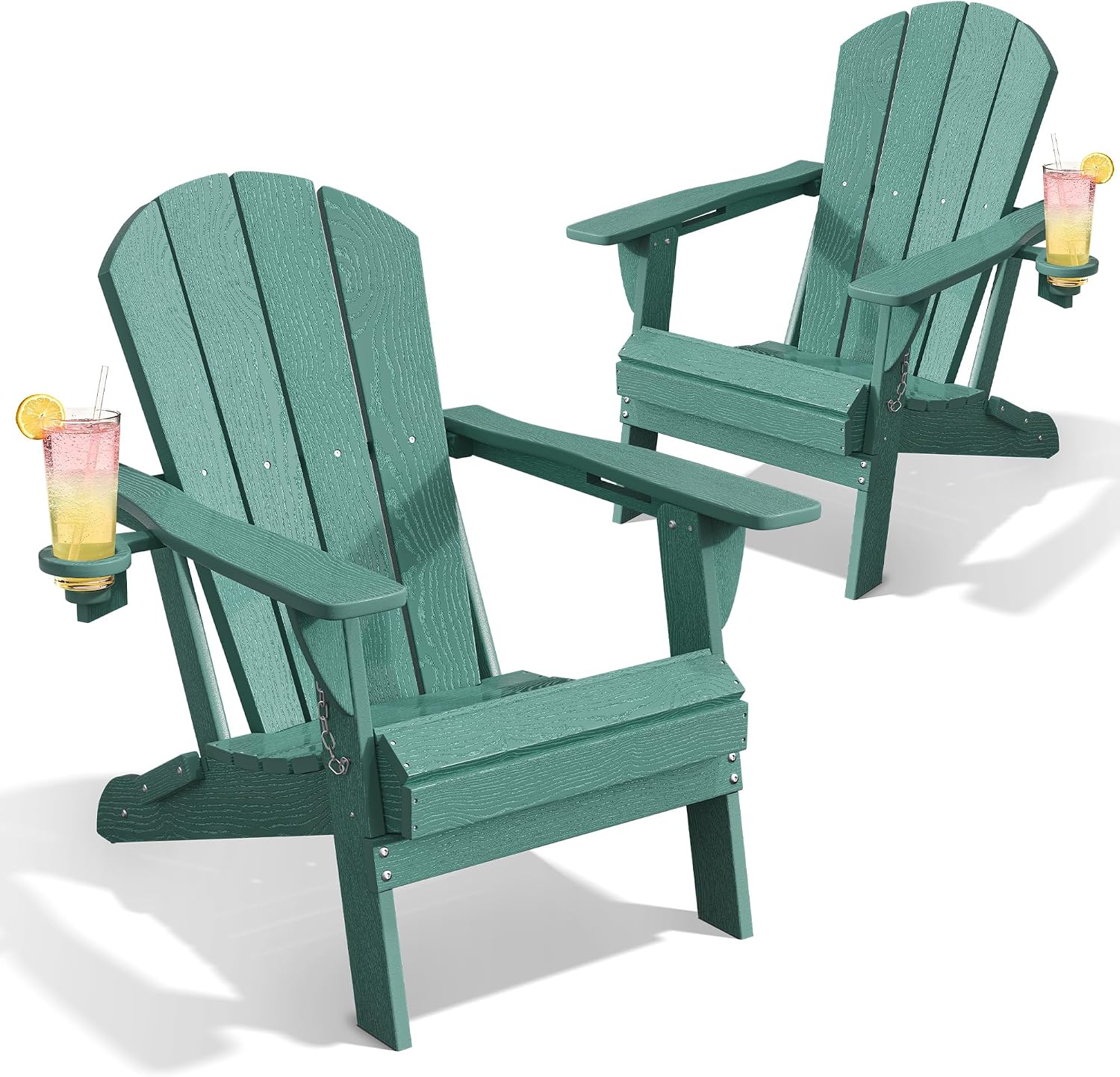 AreShark Folding Adirondack Chairs Set of 2, Wooden Textured Patio Chairs with Cup Holder,HDPE All Weather Fire Pit Chairs for Outdoor Backyard Lawn Poolside Deck Porch Garden,Aruba Blue