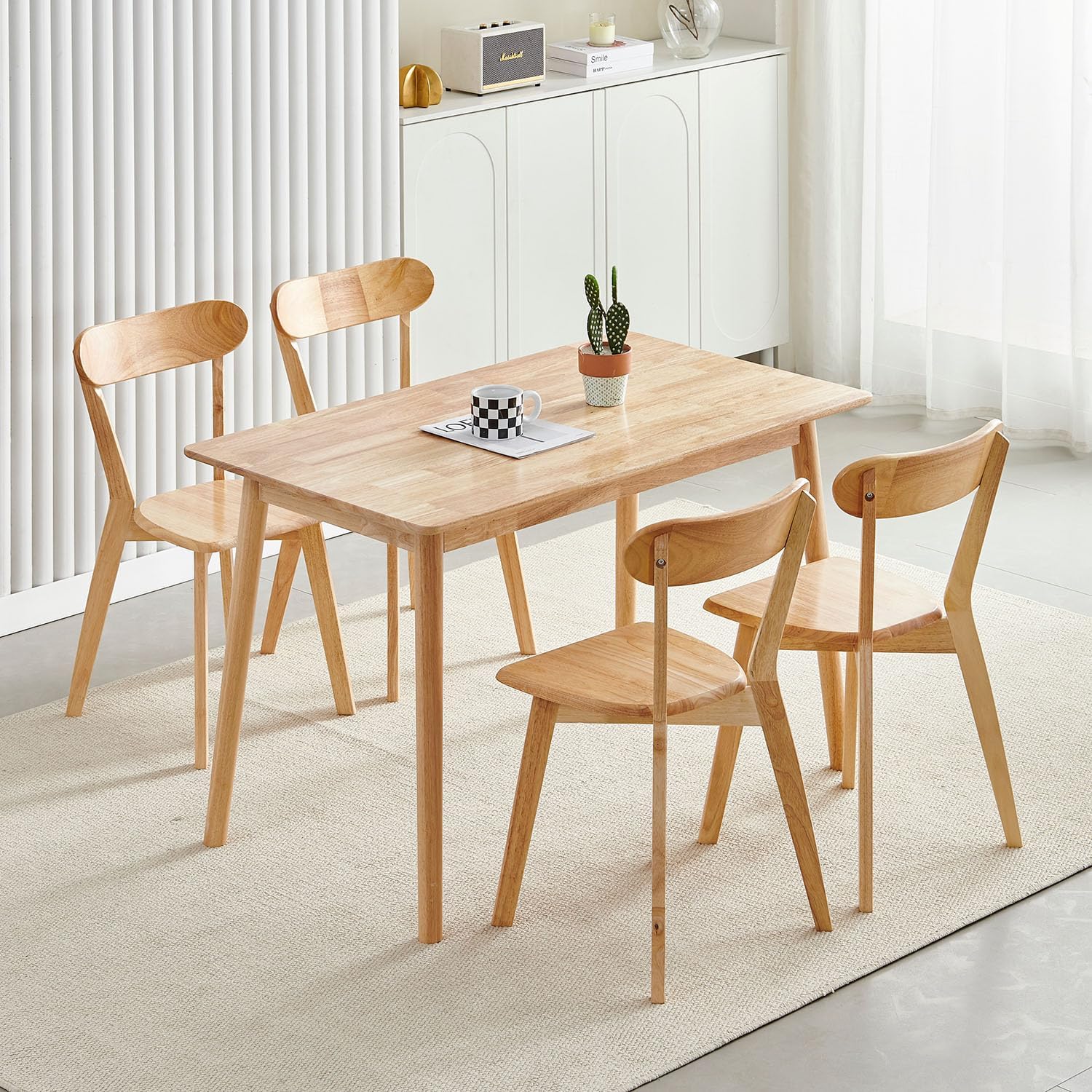 5-Piece Solid Wood Dining Table and Chairs Set for 4, Modern Wood Kitchen Table Set Kitchen Table with 4 Wooden Dining Chairs Set for Small Space