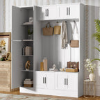 Merax Farmhouse Wood Hall Tree with Shoe Bench & 6 Cabinets, 4-in-1 Coat Rack with 4 Hooks & Adjustable Shelves, Entryway Storage Organizer Cabinet for Entrance, Hallway, Mudroom White