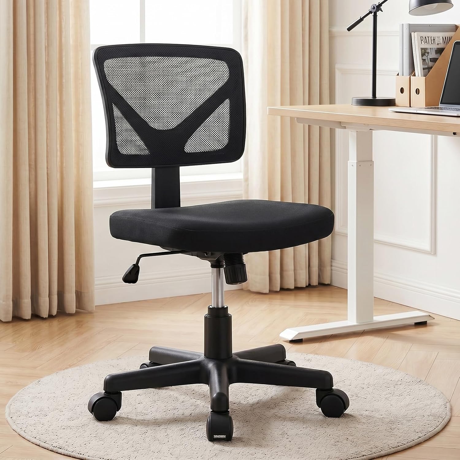 OLIXIS Armless Office Chair, Ergonomic Desk Chair with Wheels, Mesh Back, Removable Washable Foam Cushion, Height Adjustable Rolling Swivel Chairs for Small Space, Home, Office, Black