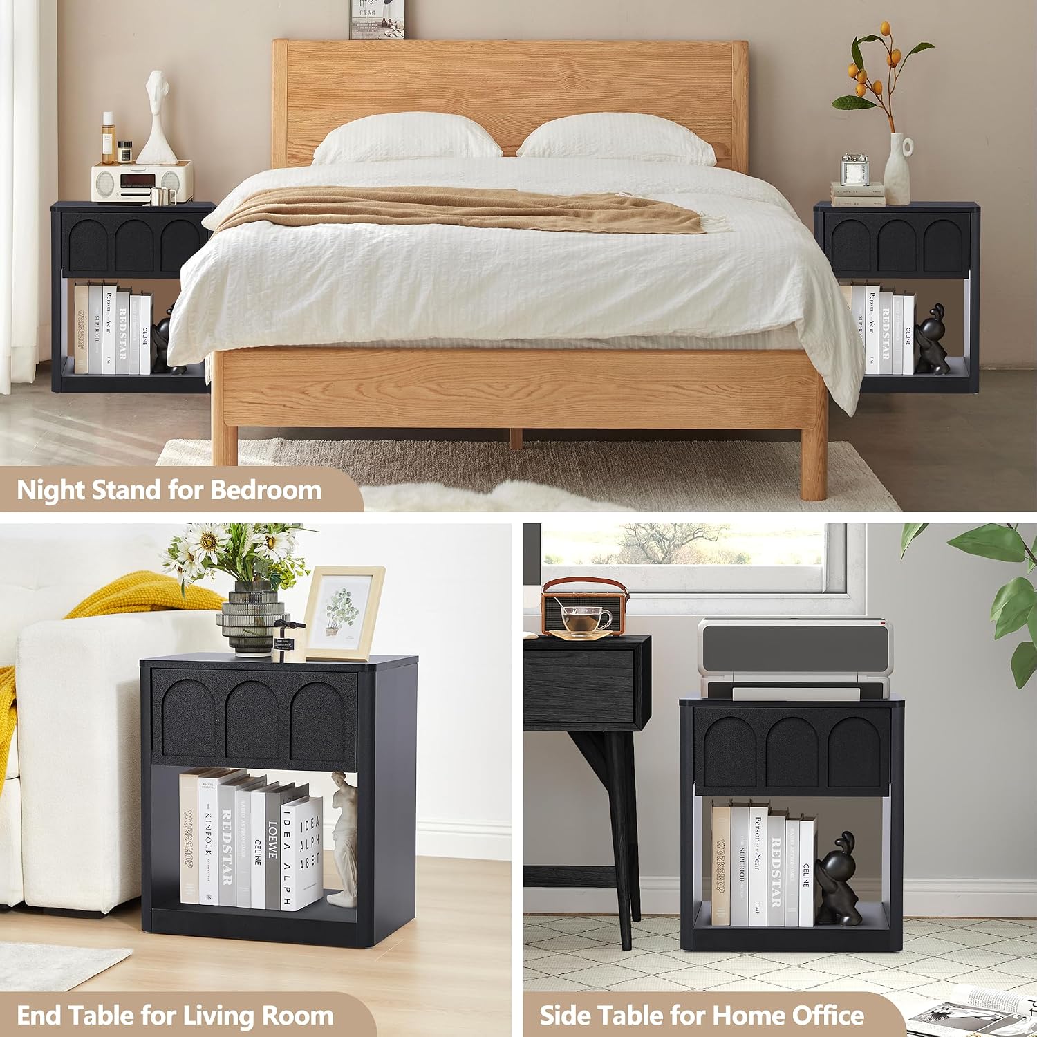 Wood Nightstand, 19.69" Wide Bedside Table with Arched Finish, Modern Night Stands with Curved Profile, Mid Century End Table for Bedroom Living Room (Black)