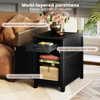 IRONCK End Table with Charging Station, Narrow Side Table for Living Room, Farmhouse Night Stand for Bedroom, Bedside Table with Storage and Drawer for Home, Black