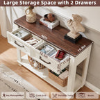 SAVOR LIFE Farmhouse 46" Console Table with 2 Drawers, Rustic Wood 2 Tier Entryway Table with Open Storage Shelf for Entry, Large Mid-Century Vintage Sofa Tables Behind Couch for Living Room, White