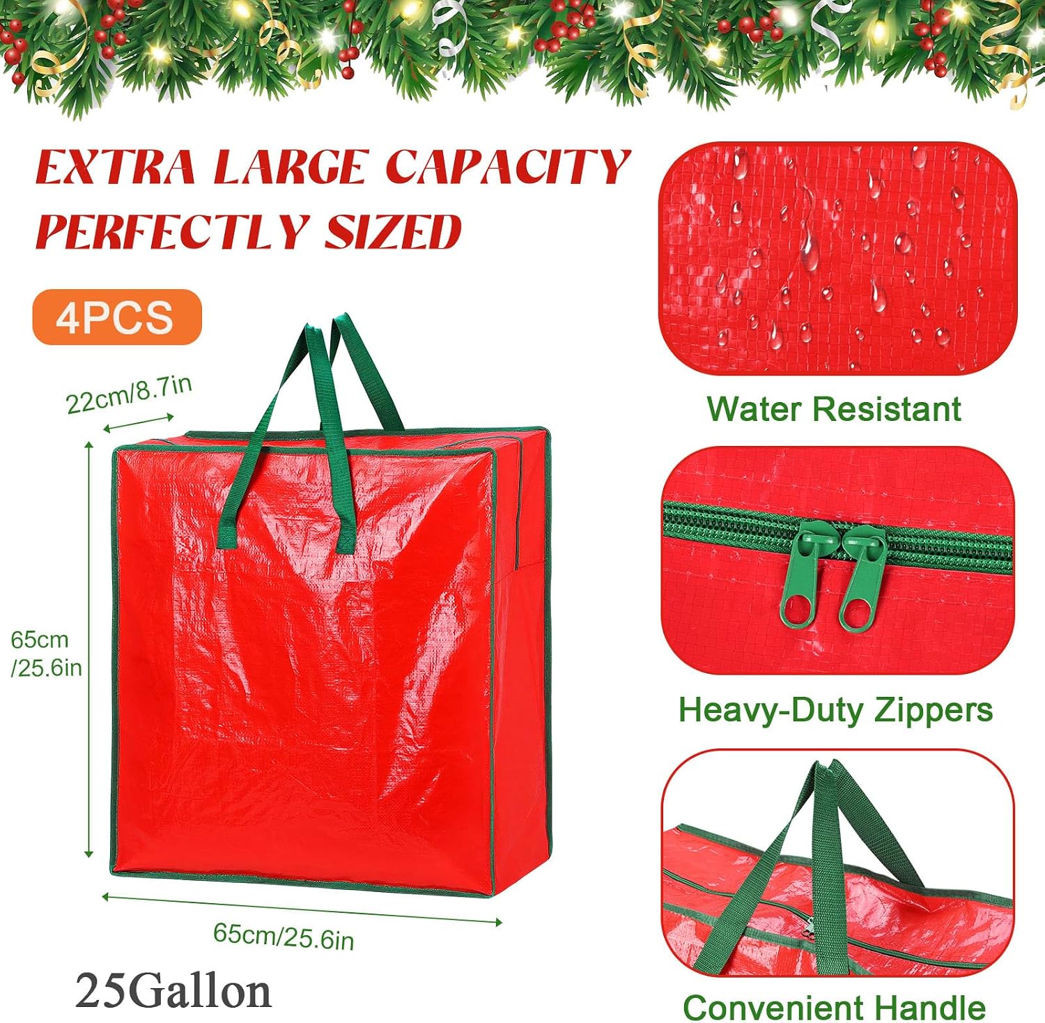 4PCS Christmas Wreath Storage Container, 25" Red Wreath Storage Bags Garland Container Clear Storage Bags with Handles Zippers Christmas Wreath Boxes for Xmas Seasonal Holiday Wreath Garland