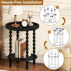 Round Side Table with Storage Shelf, 2 Tier Accent End Table with Spindle Legs, Modern Nightstand Beside Table for Living Room, Bedroom, Office, Black
