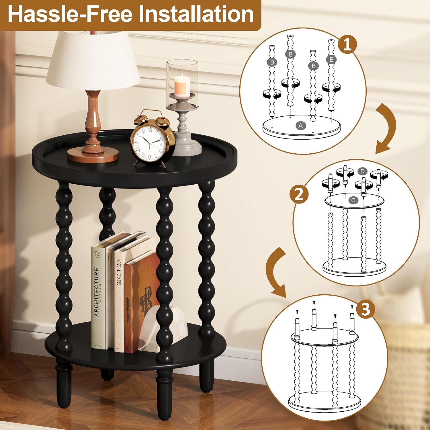 Round Side Table with Storage Shelf, 2 Tier Accent End Table with Spindle Legs, Modern Nightstand Beside Table for Living Room, Bedroom, Office, Black