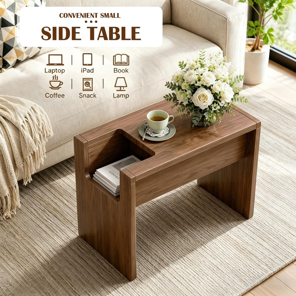 Modern C Shaped End Table for Couch,Walnut Solid Wood Nightstand,Slide Under Couch Tables,23.62 Inches Tall Sofa Table with Storage for Living Room,Bedroom,and Office.