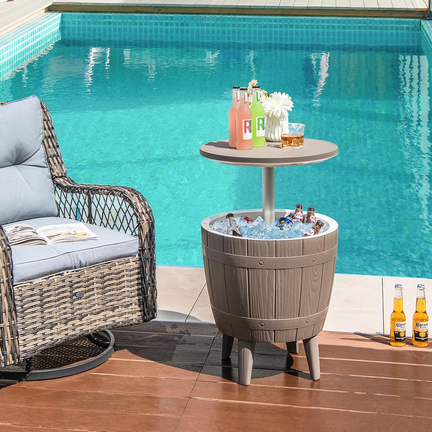 Giantex Cooler Side Table Outdoor, 10 Gallon Ice Cooler with Drainage Plug, Adjustable Height, 3-in-1 Cocktail Patio Par Table for Beer Wine Storage, Deck Pool Backyard Party, Taupe (Wood-Style)