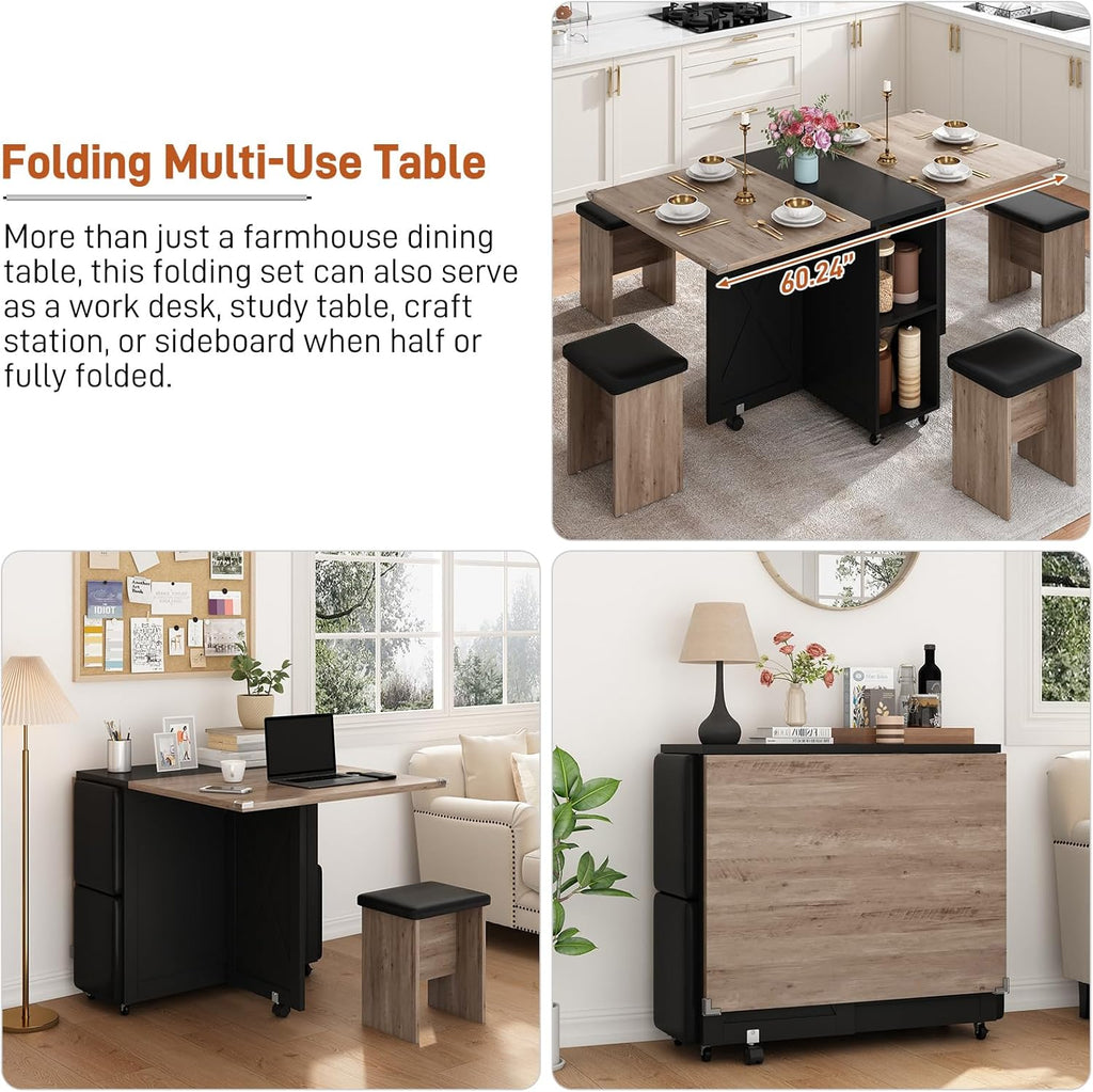 5 PCS Farmhouse Dining Table Set for 4,60" Large Folding Dining Table Set w/ 4 Leather Chairs, Drop Leaf Foldable Kitchen Table for Small Spaces,Barn Door Design,6 Wheels,2-Layer Storage Shelf,Black