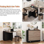 5 PCS Farmhouse Dining Table Set for 4,60" Large Folding Dining Table Set w/ 4 Leather Chairs, Drop Leaf Foldable Kitchen Table for Small Spaces,Barn Door Design,6 Wheels,2-Layer Storage Shelf,Black